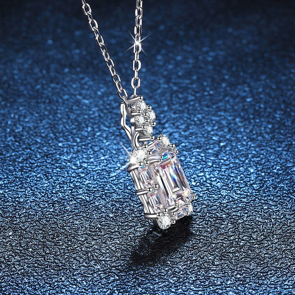 emerald cut moissanite pendant necklace detail view