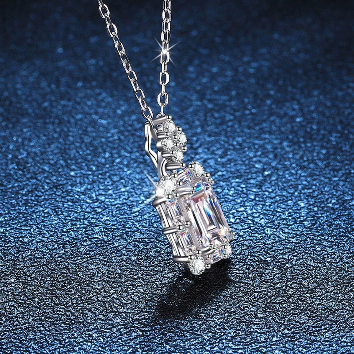 emerald cut moissanite pendant necklace detail view