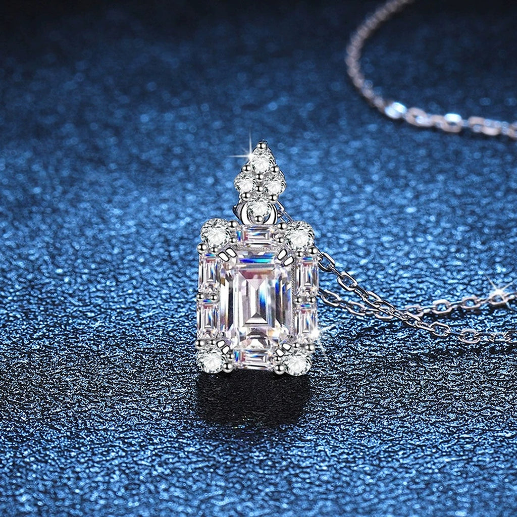 emerald cut moissanite pendant necklace detail view