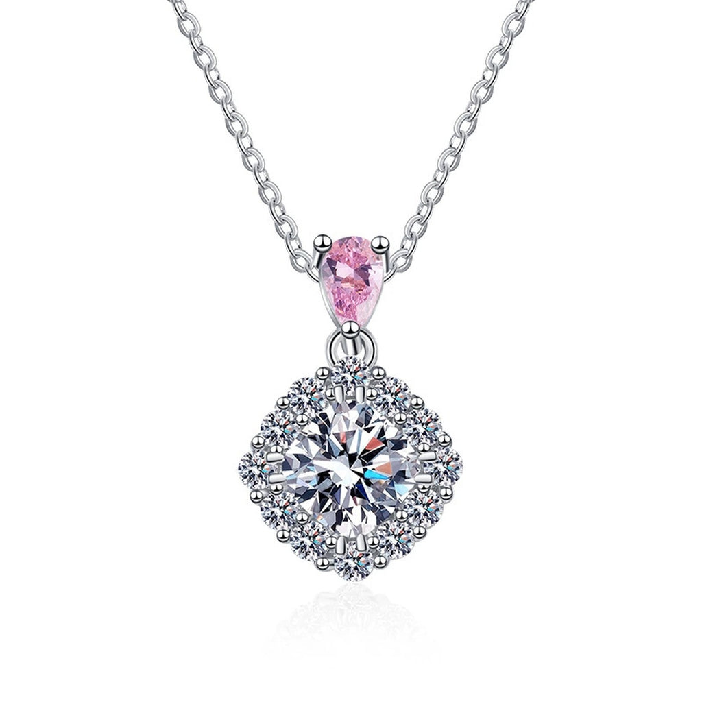 pink accent cushion moissanite halo pendant necklace on white background product view