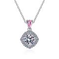 pink accent cushion moissanite halo pendant necklace on white background product view