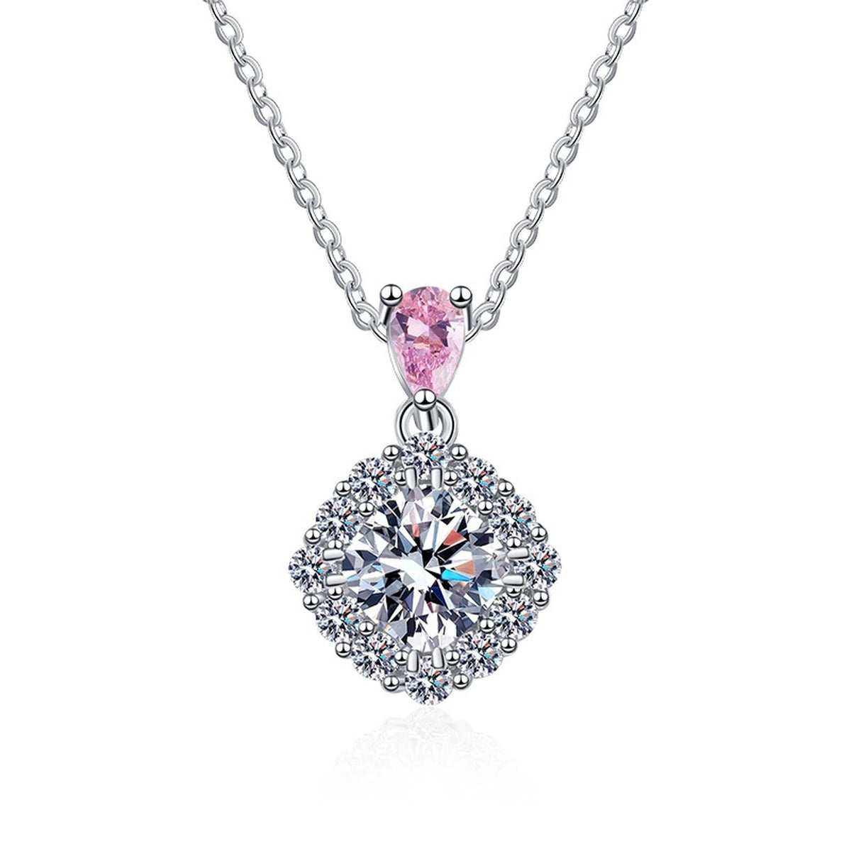 pink accent cushion moissanite halo pendant necklace on white background product view