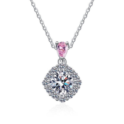 pink accent cushion moissanite halo pendant necklace on white background product view