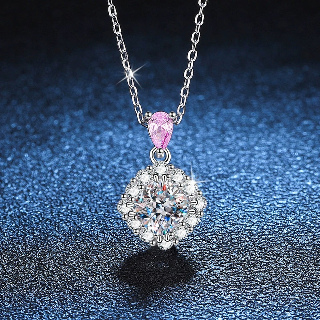 pink accent cushion moissanite halo pendant necklace detail view
