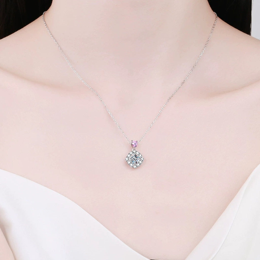 pink accent cushion moissanite halo pendant necklace model or lifestyle 