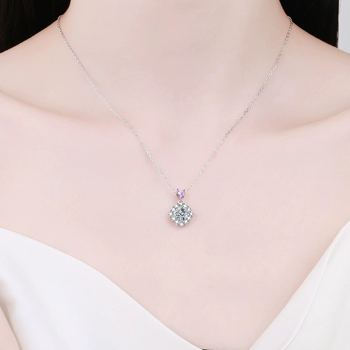 pink accent cushion moissanite halo pendant necklace model or lifestyle 