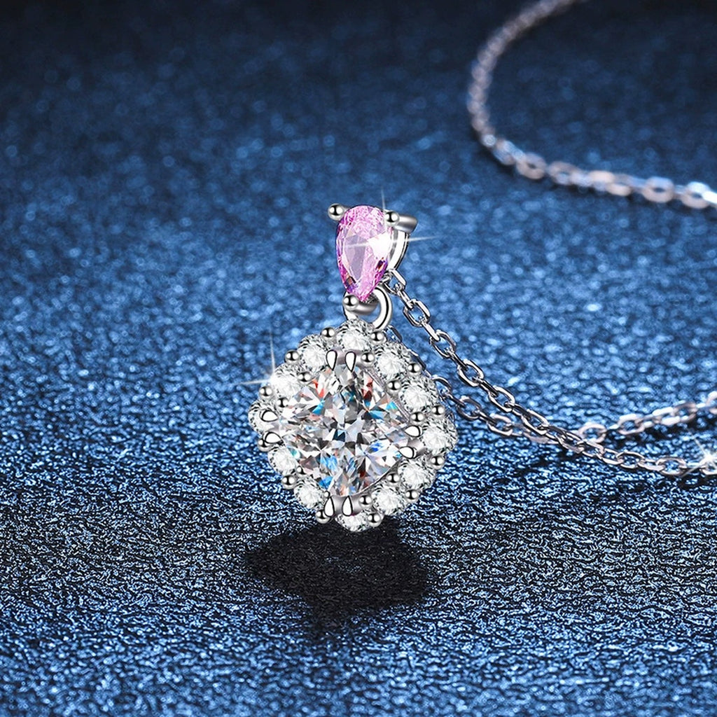 pink accent cushion moissanite halo pendant necklace detail view