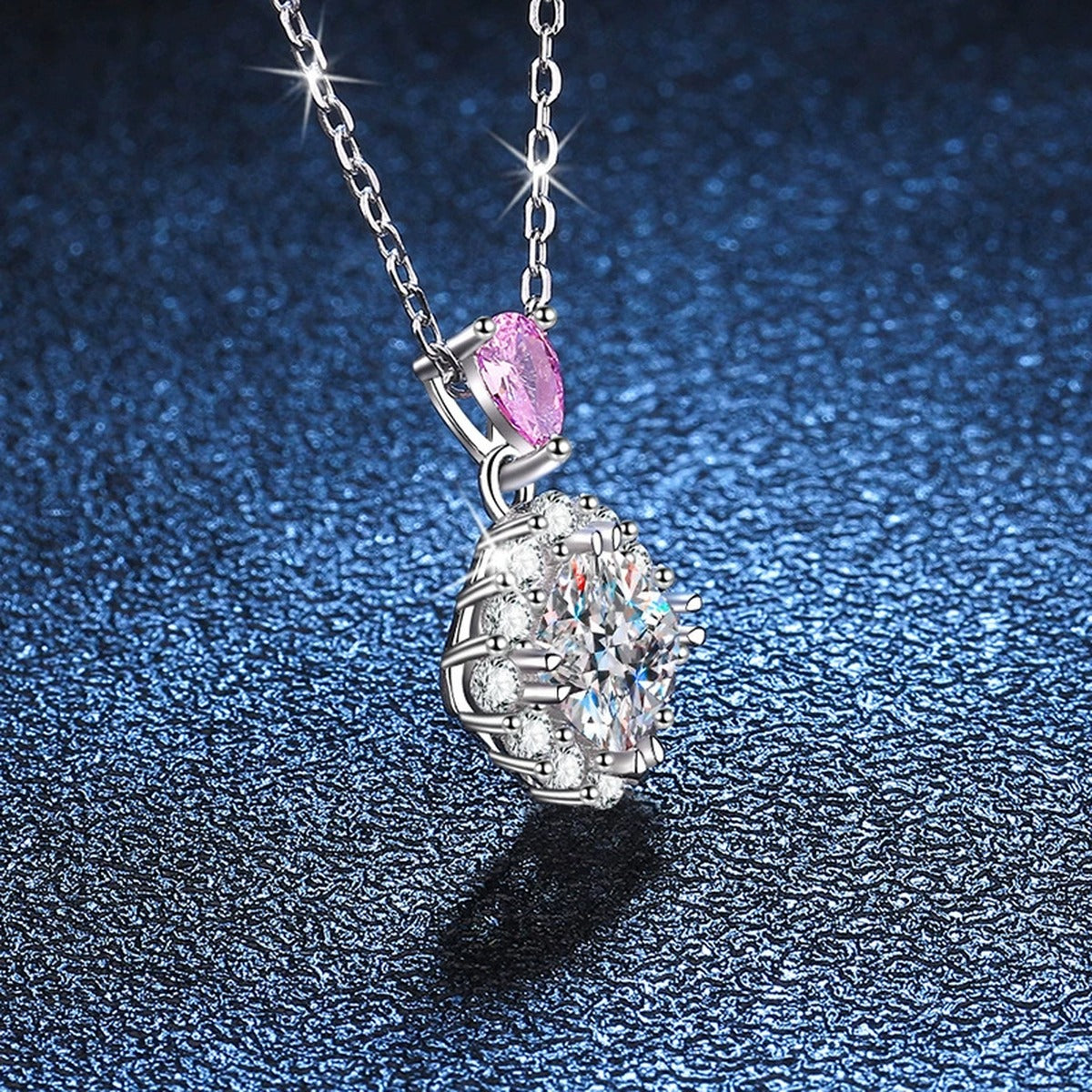 pink accent cushion moissanite halo pendant necklace detail view