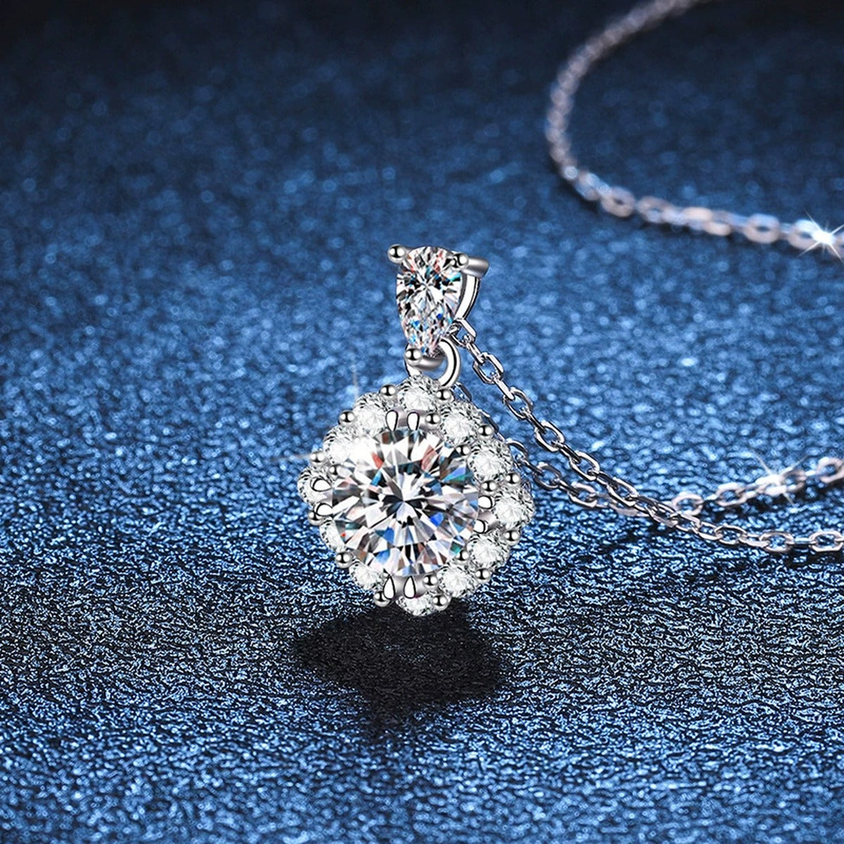 round moissanite halo pendant necklace detail view