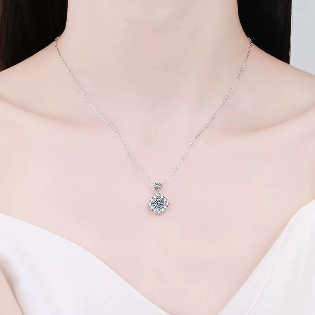 round moissanite halo pendant necklace model or lifestyle view