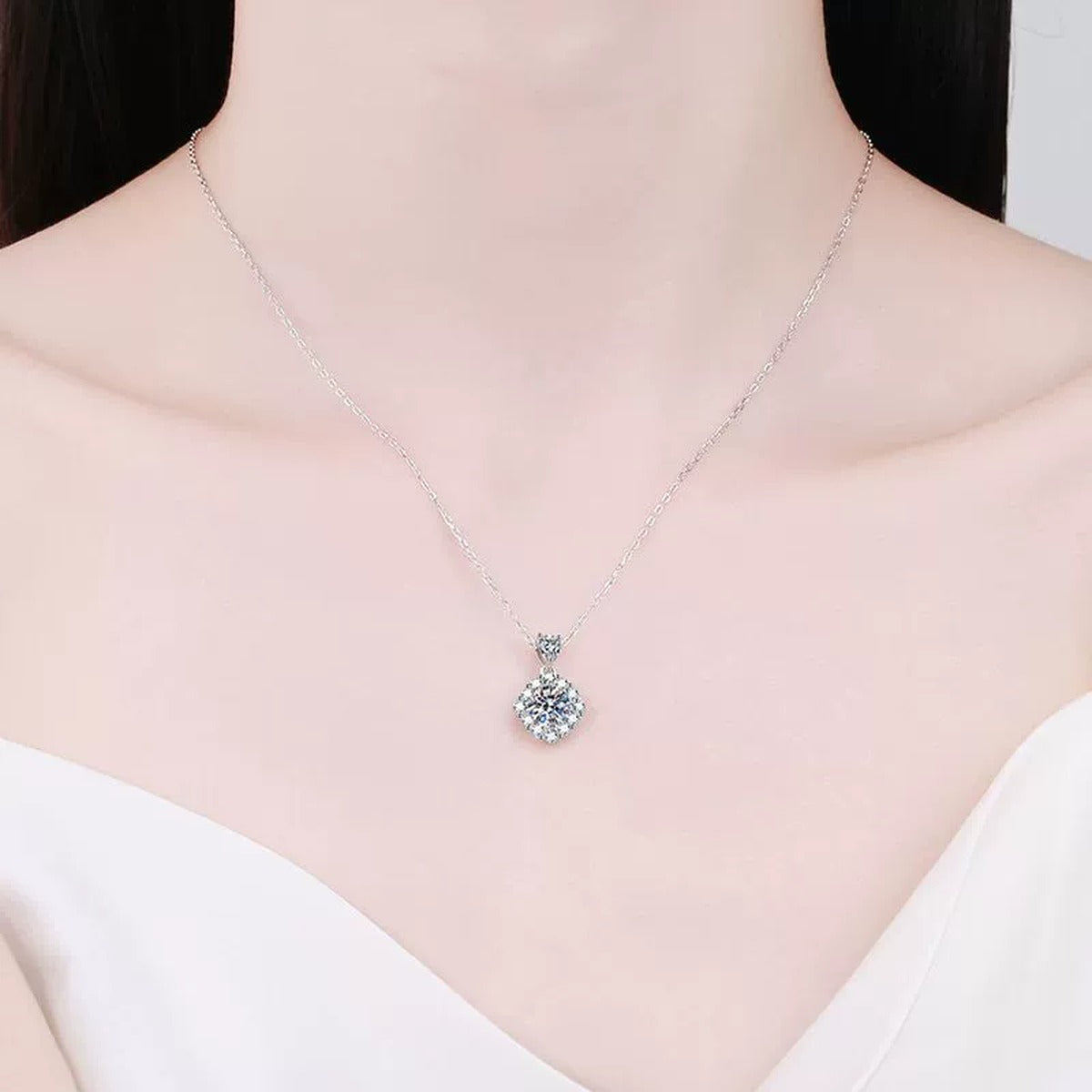 round moissanite halo pendant necklace model or lifestyle view