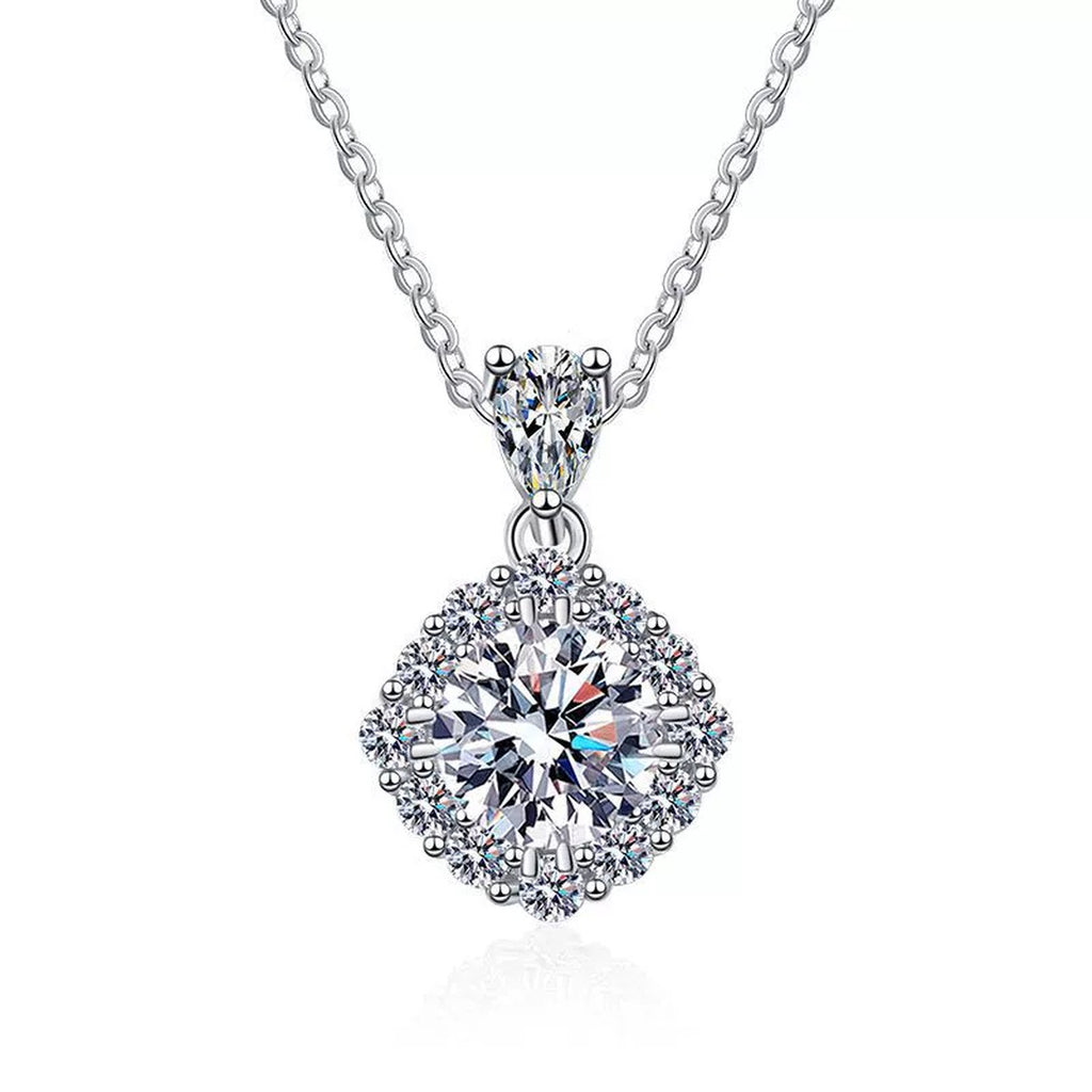 round moissanite halo pendant necklace on white background product view