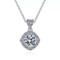 round moissanite halo pendant necklace on white background product view