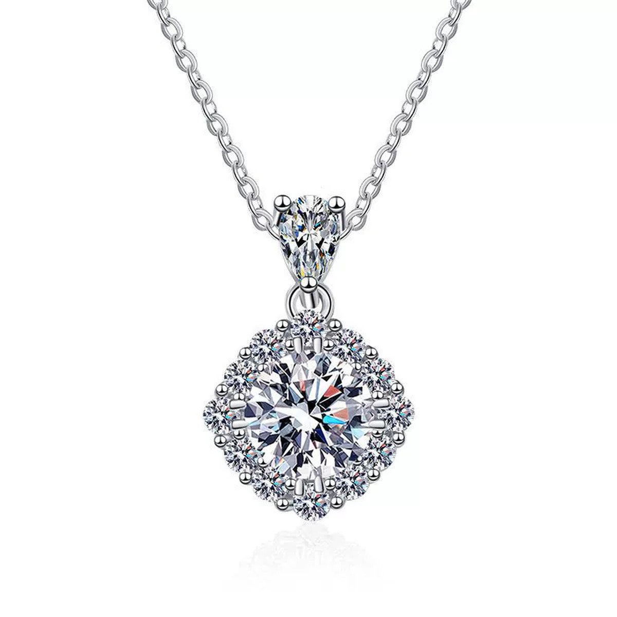 round moissanite halo pendant necklace on white background product view