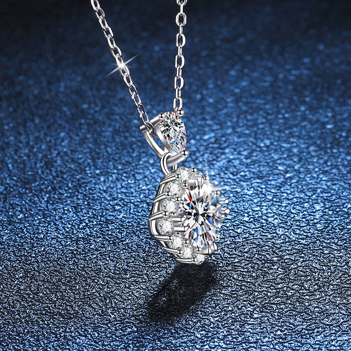 round moissanite halo pendant necklace detail view