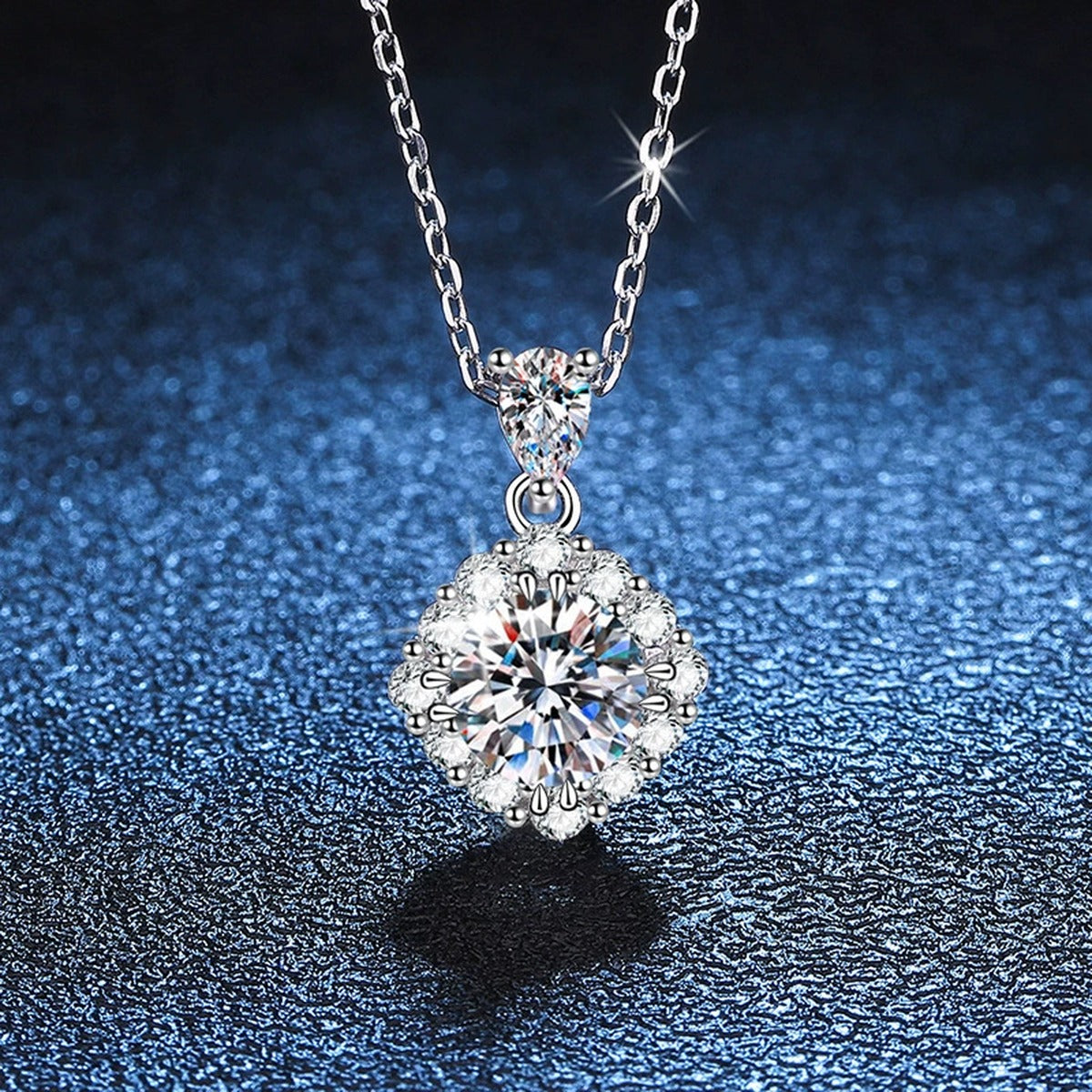 round moissanite halo pendant necklace detail view