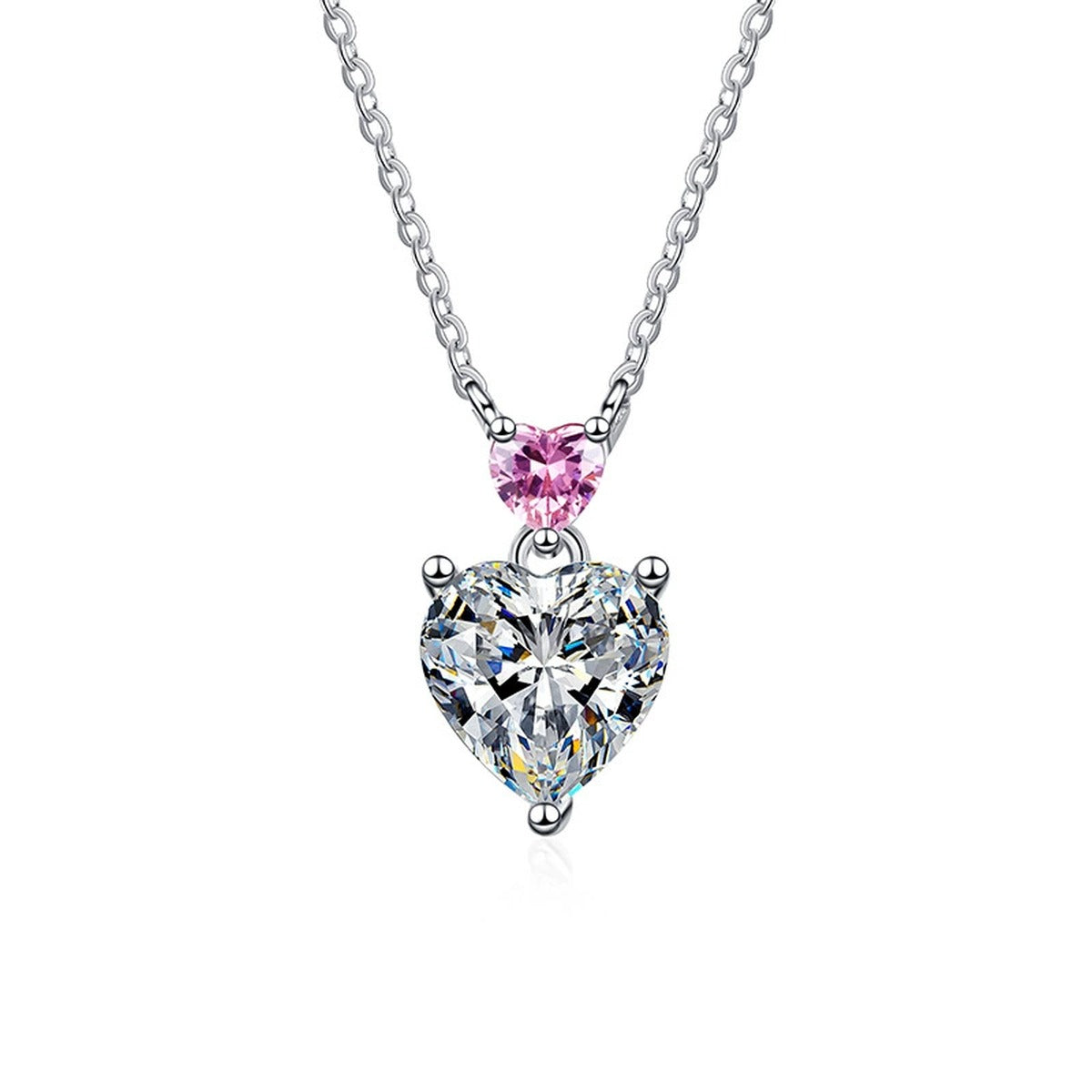 pink accent heart moissanite pendant necklace on white background product view