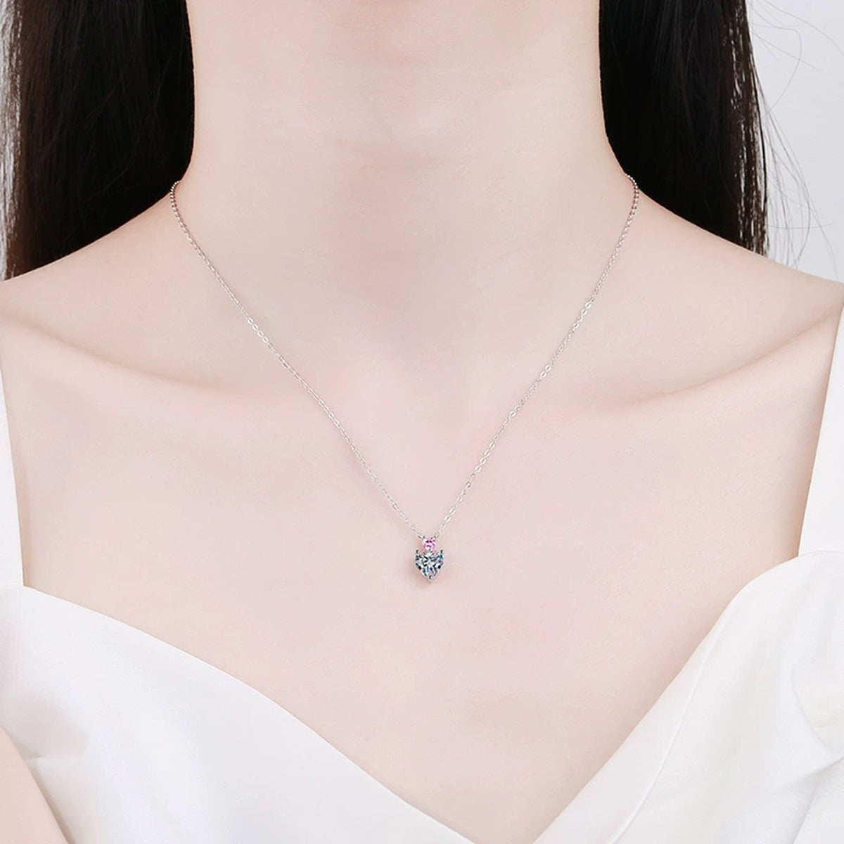 pink accent heart moissanite pendant necklace model or lifestyle view