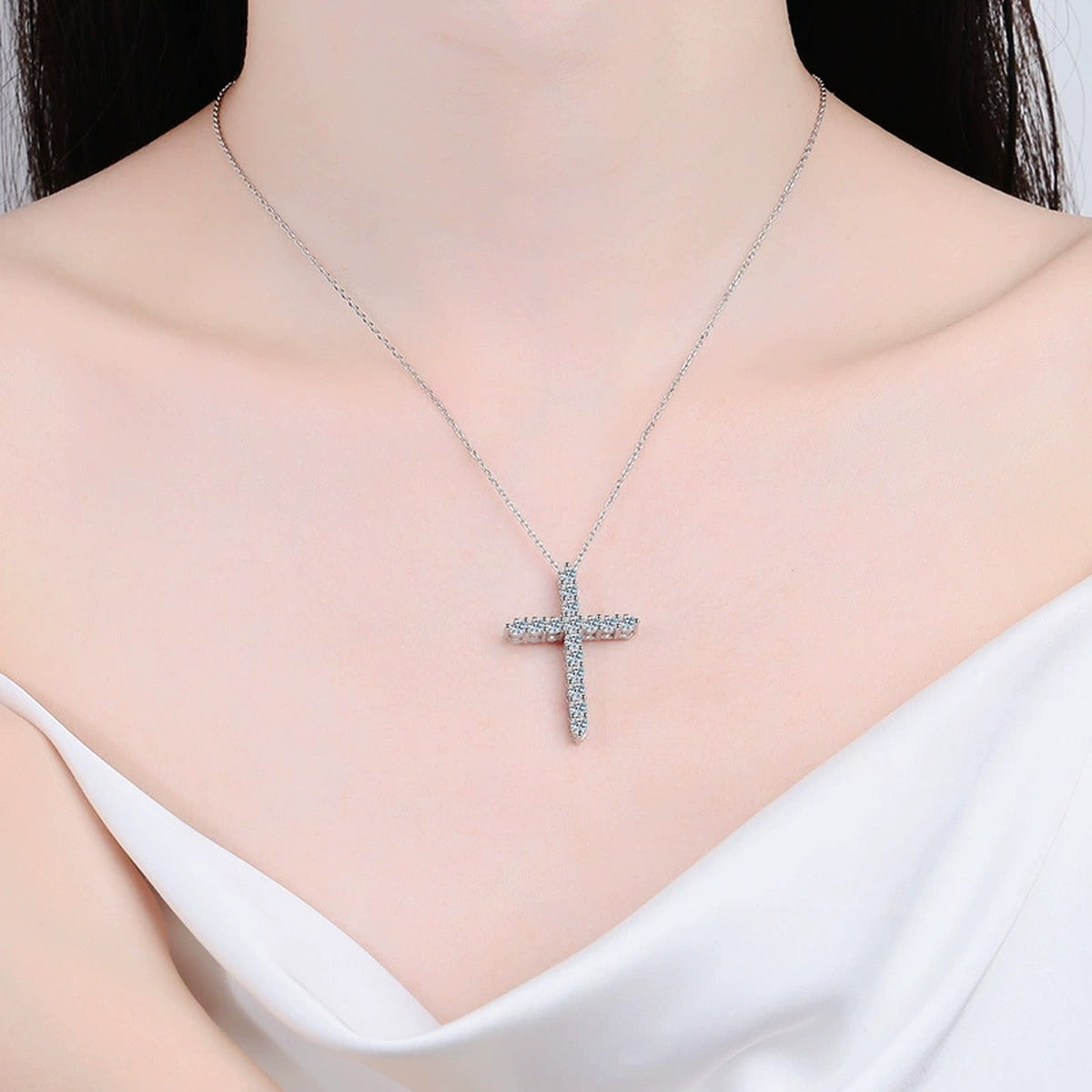cross moissanite pendant necklace model or lifestyle view