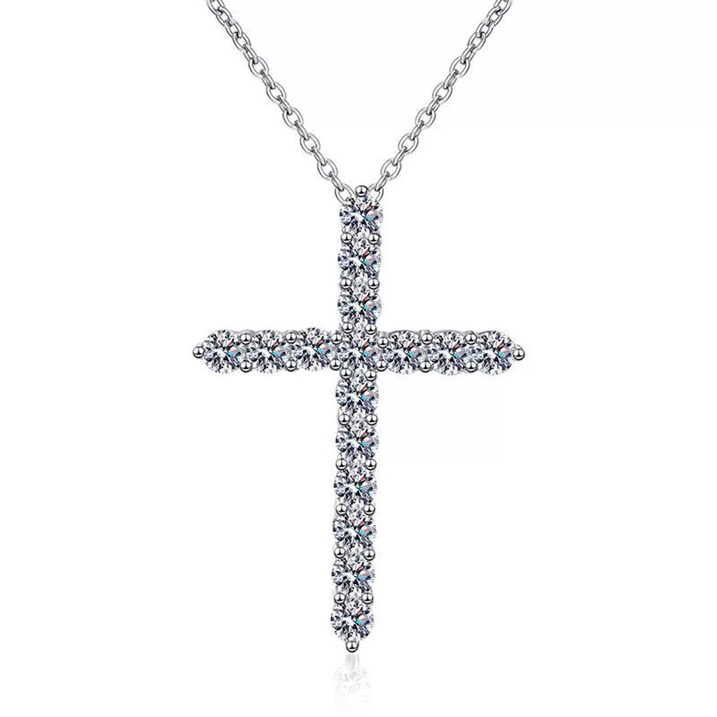 cross moissanite pendant necklace on white background product view