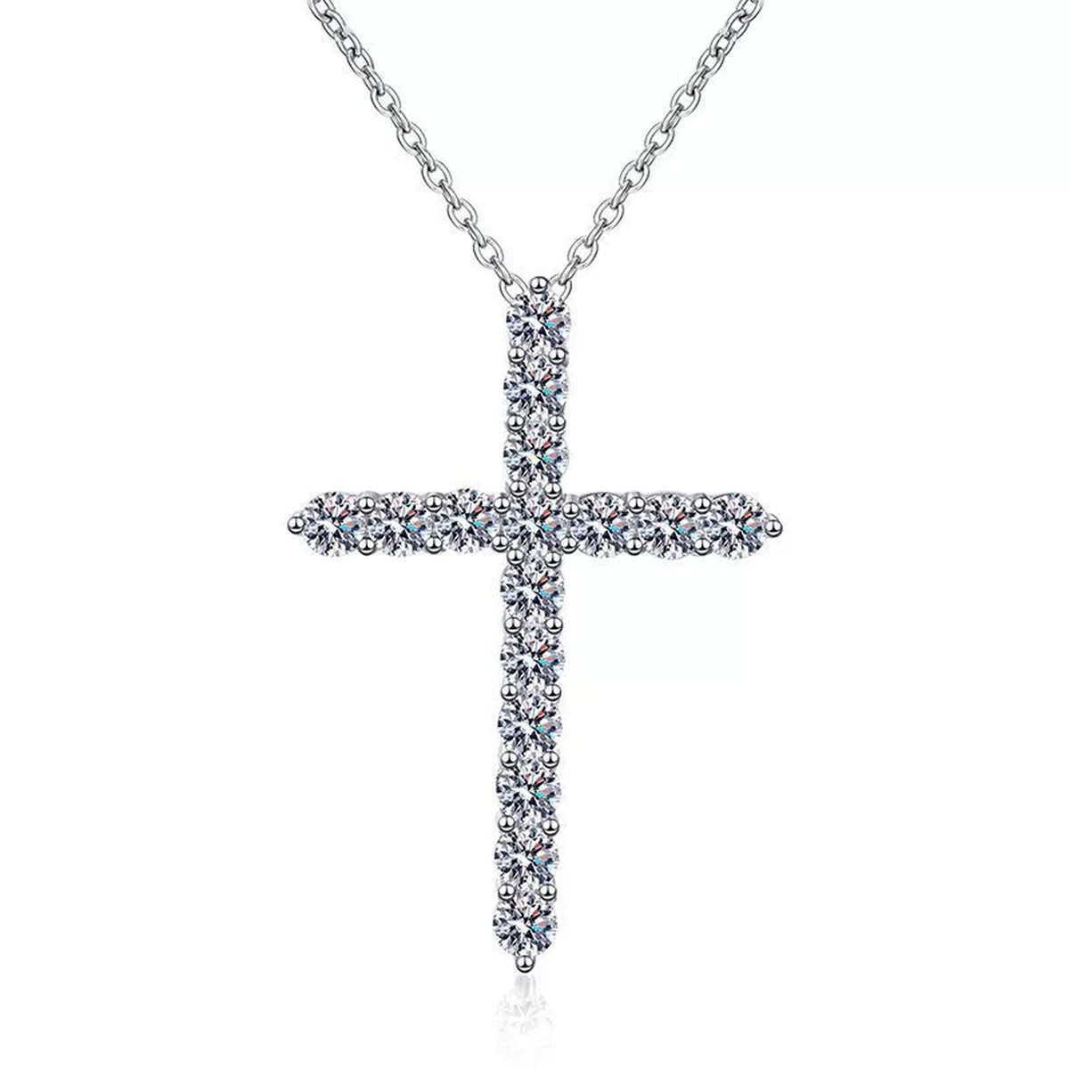 cross moissanite pendant necklace on white background product view