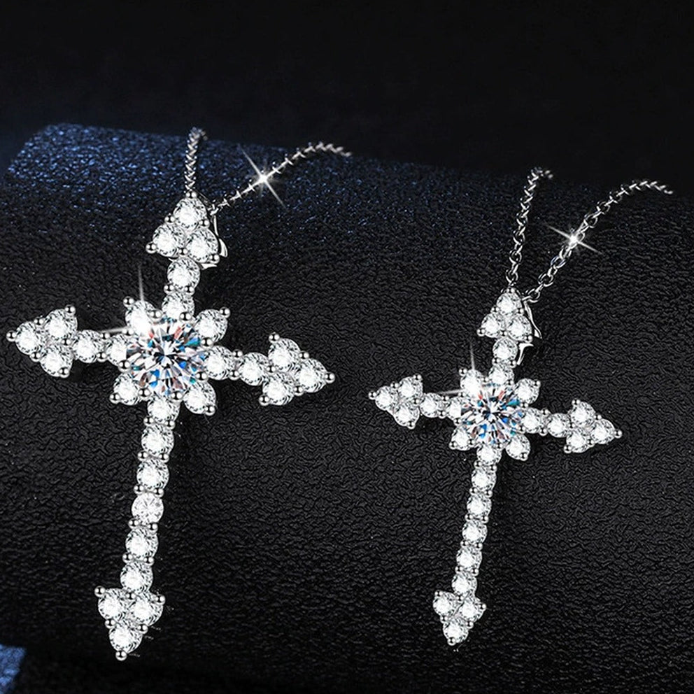 cross moissanite pendant necklace with CZ accents detail view