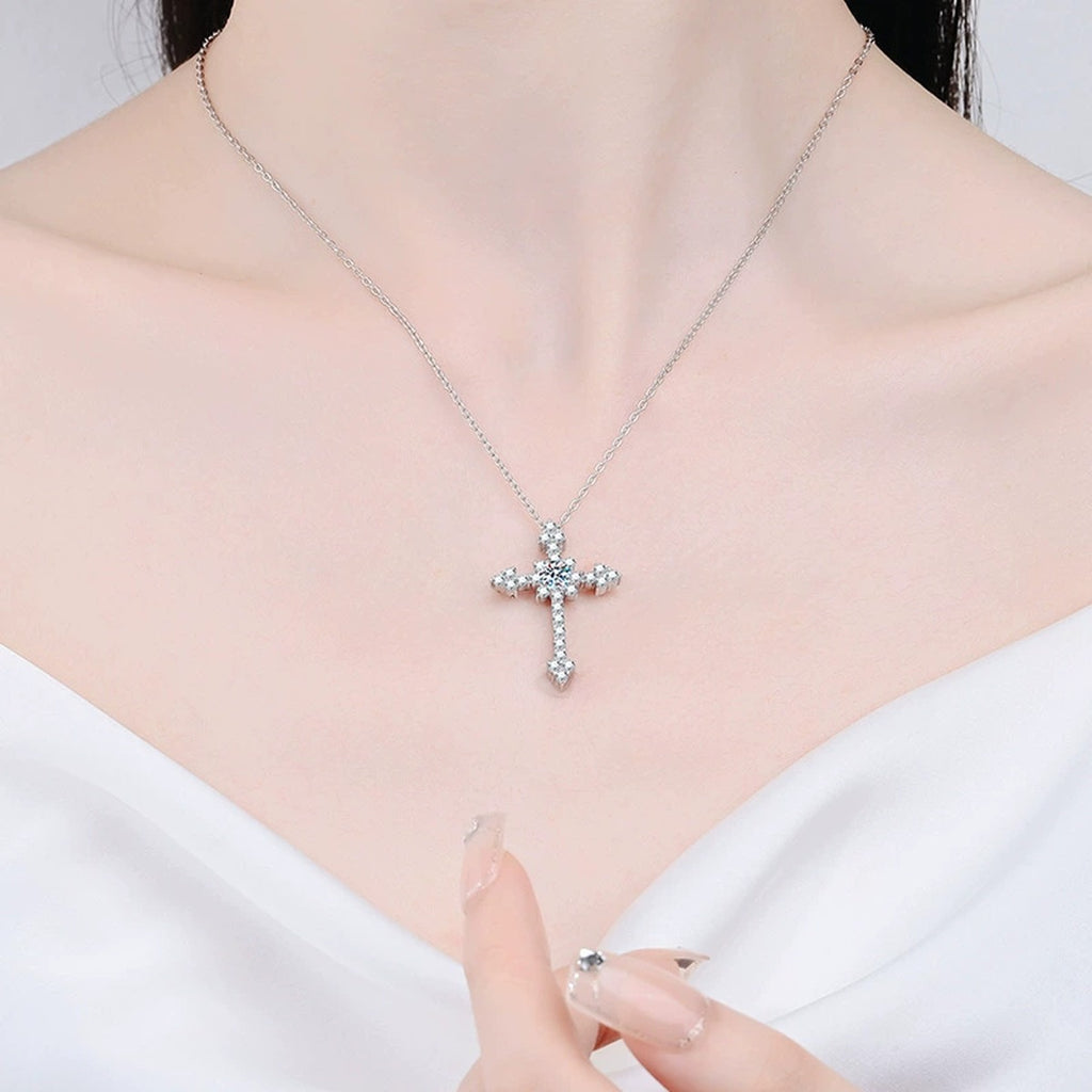 cross moissanite pendant necklace with CZ accents model or lifestyle view