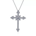 cross moissanite pendant necklace with CZ accents on white background product view