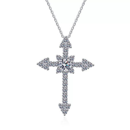 cross moissanite pendant necklace with CZ accents on white background product view