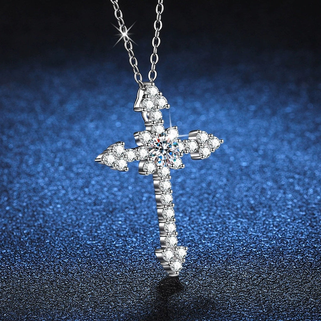 cross moissanite pendant necklace with CZ accents detail view