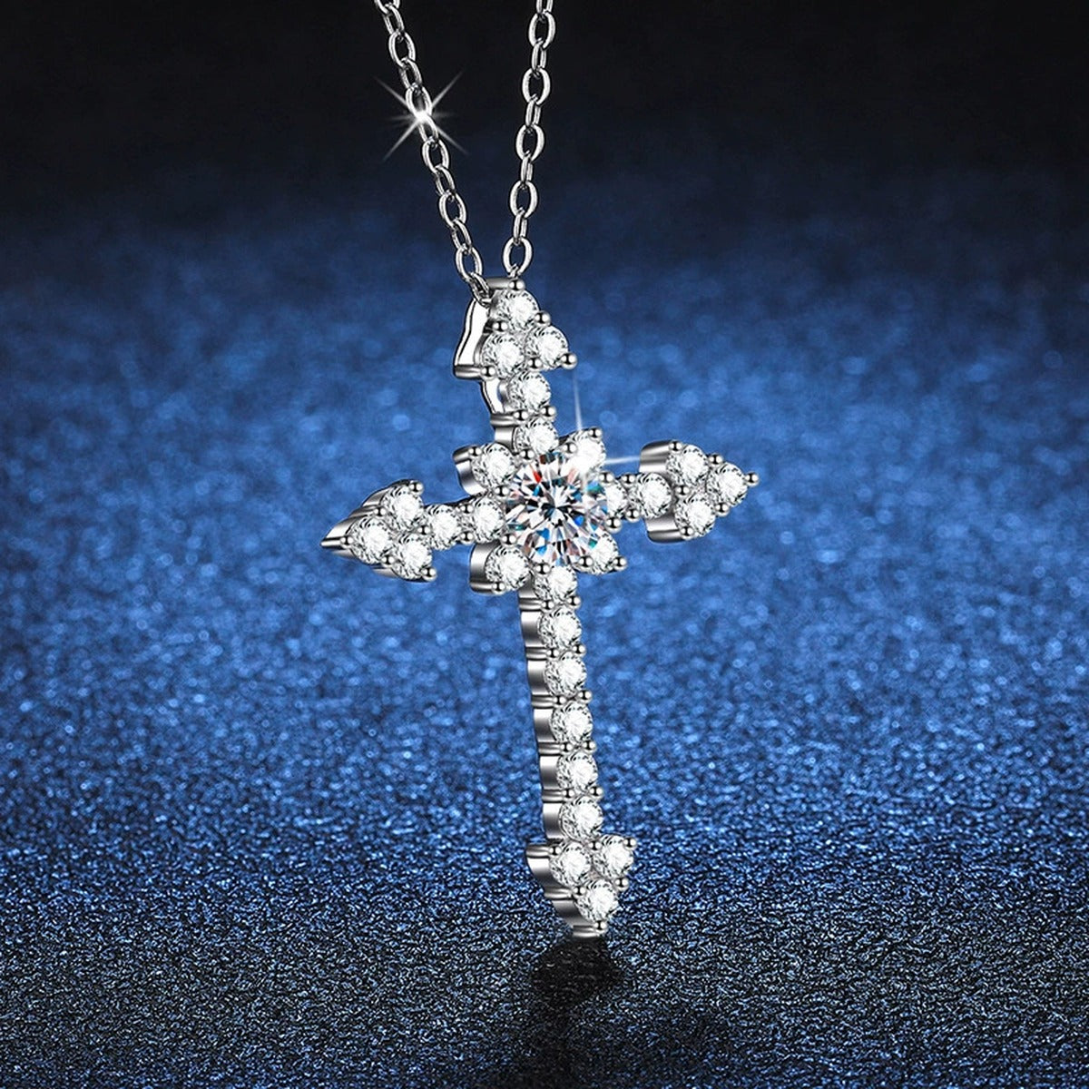 cross moissanite pendant necklace with CZ accents detail view