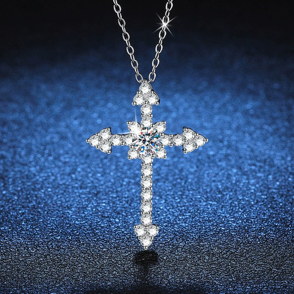 cross moissanite pendant necklace with CZ accents detail view