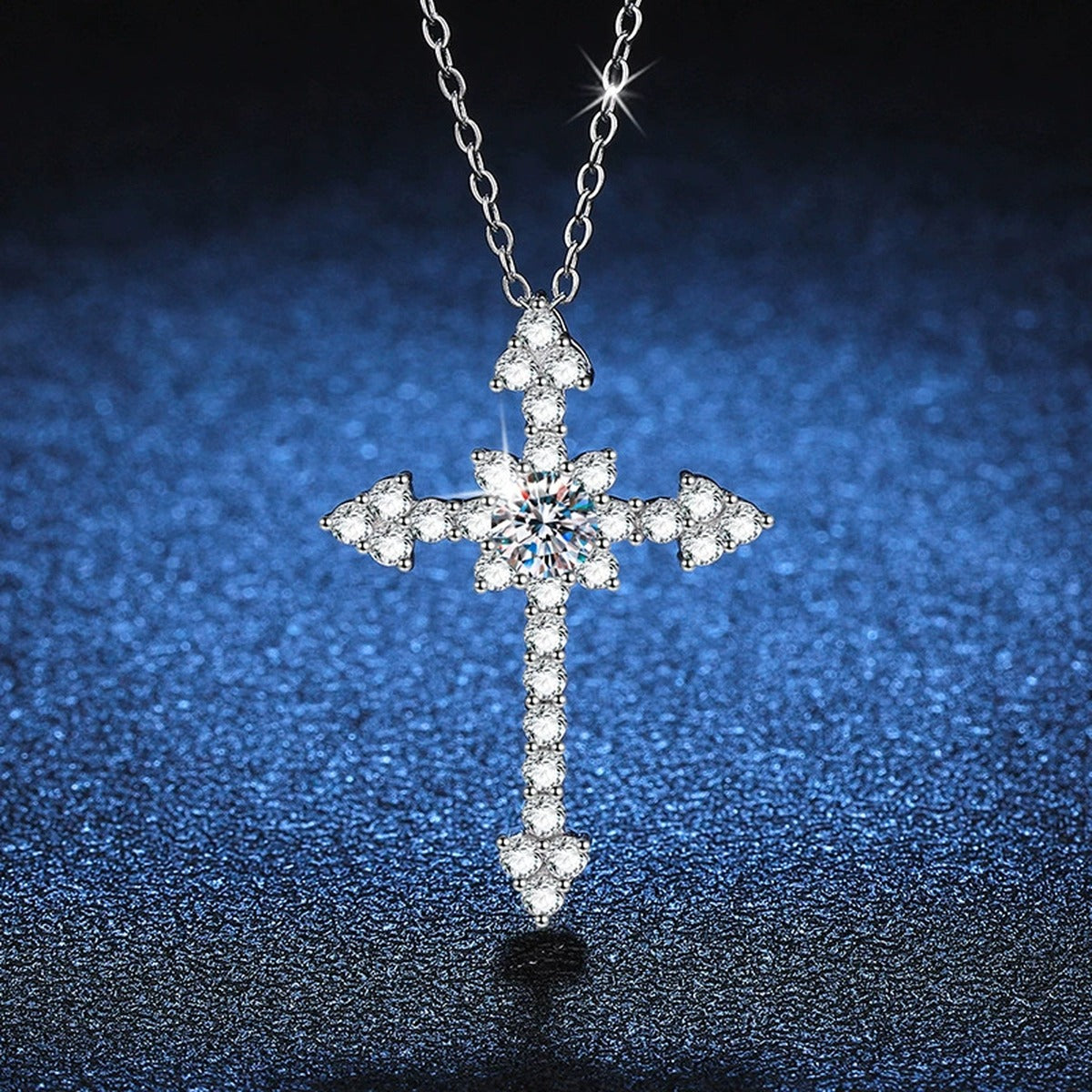 cross moissanite pendant necklace with CZ accents detail view
