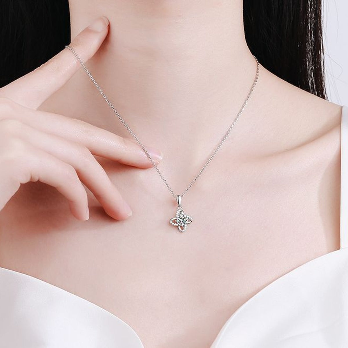 clover moissanite pendant necklace model or lifestyle view