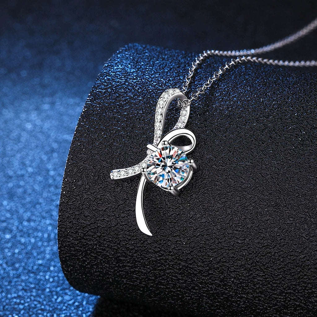 ribbon bow moissanite pendant necklace detail view