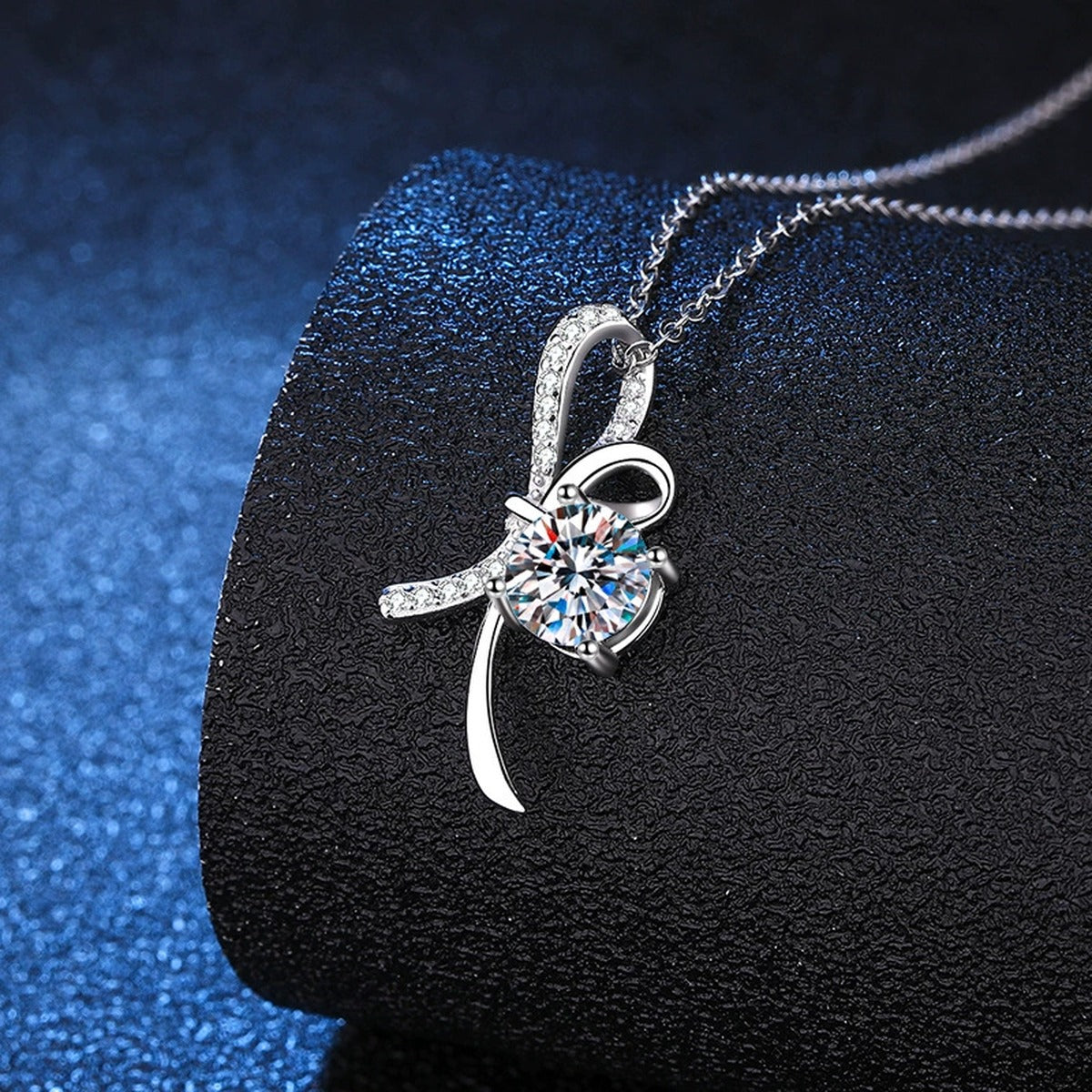 ribbon bow moissanite pendant necklace detail view
