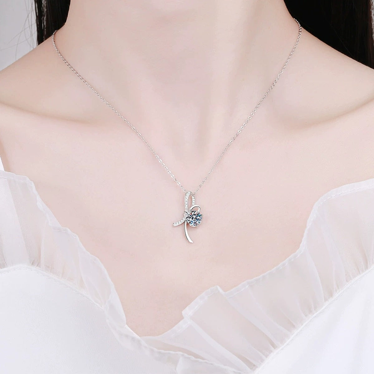  ribbon bow moissanite pendant necklace model or lifestyle view