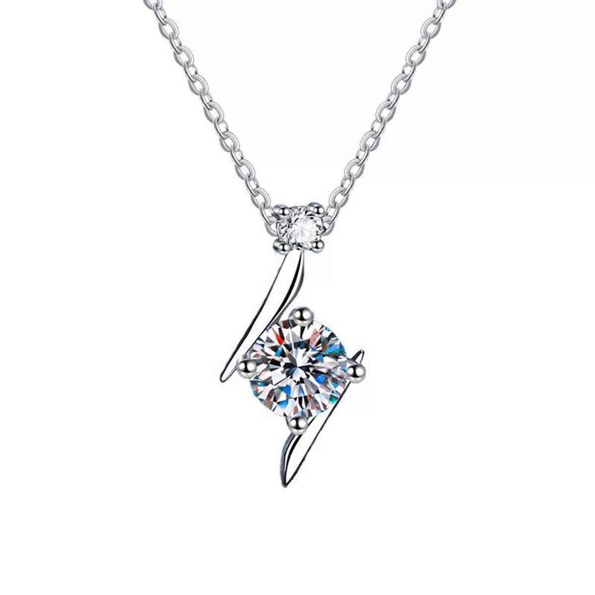 curved round moissanite pendant necklace on white background product view