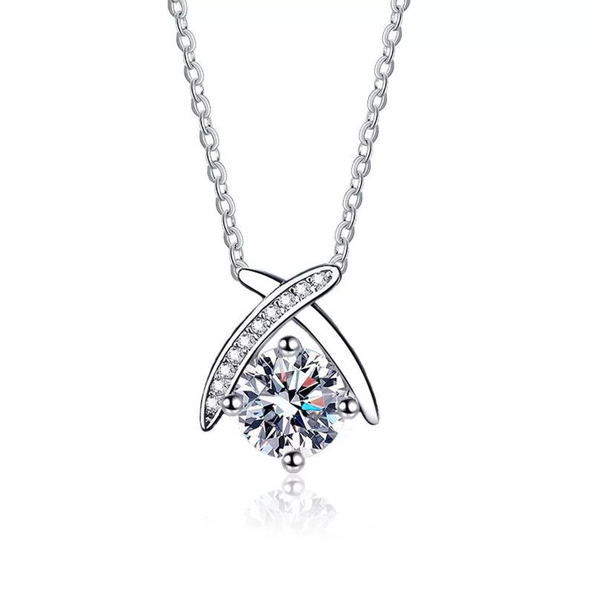 crossover round moissanite pendant necklace on white background product view