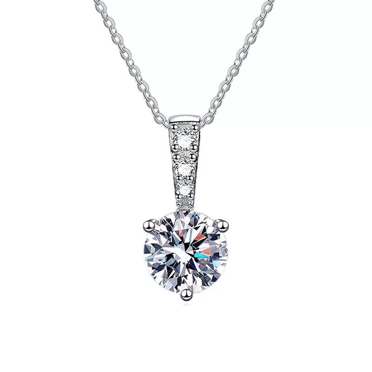 round moissanite pendant necklace with pavé bail on white background product view