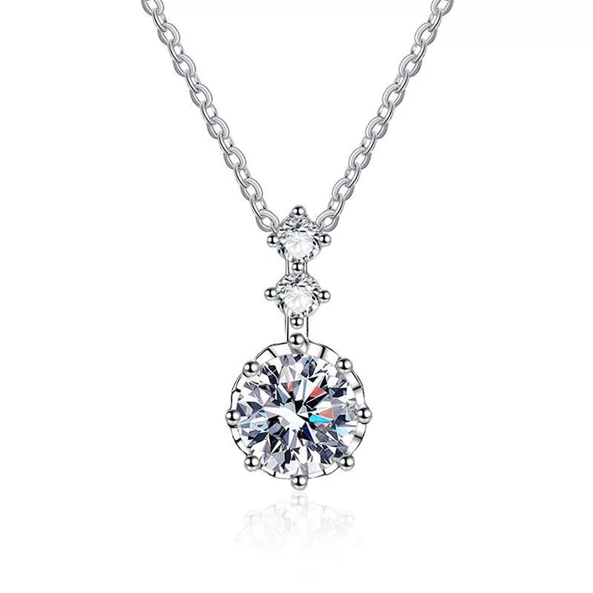 Round Moissanite Pendant Necklace with Cubic Zirconia in White Gold-Plated S925 Sterling Silver on clean white background showing the round moissanite pendant framed by cubic zirconia accents