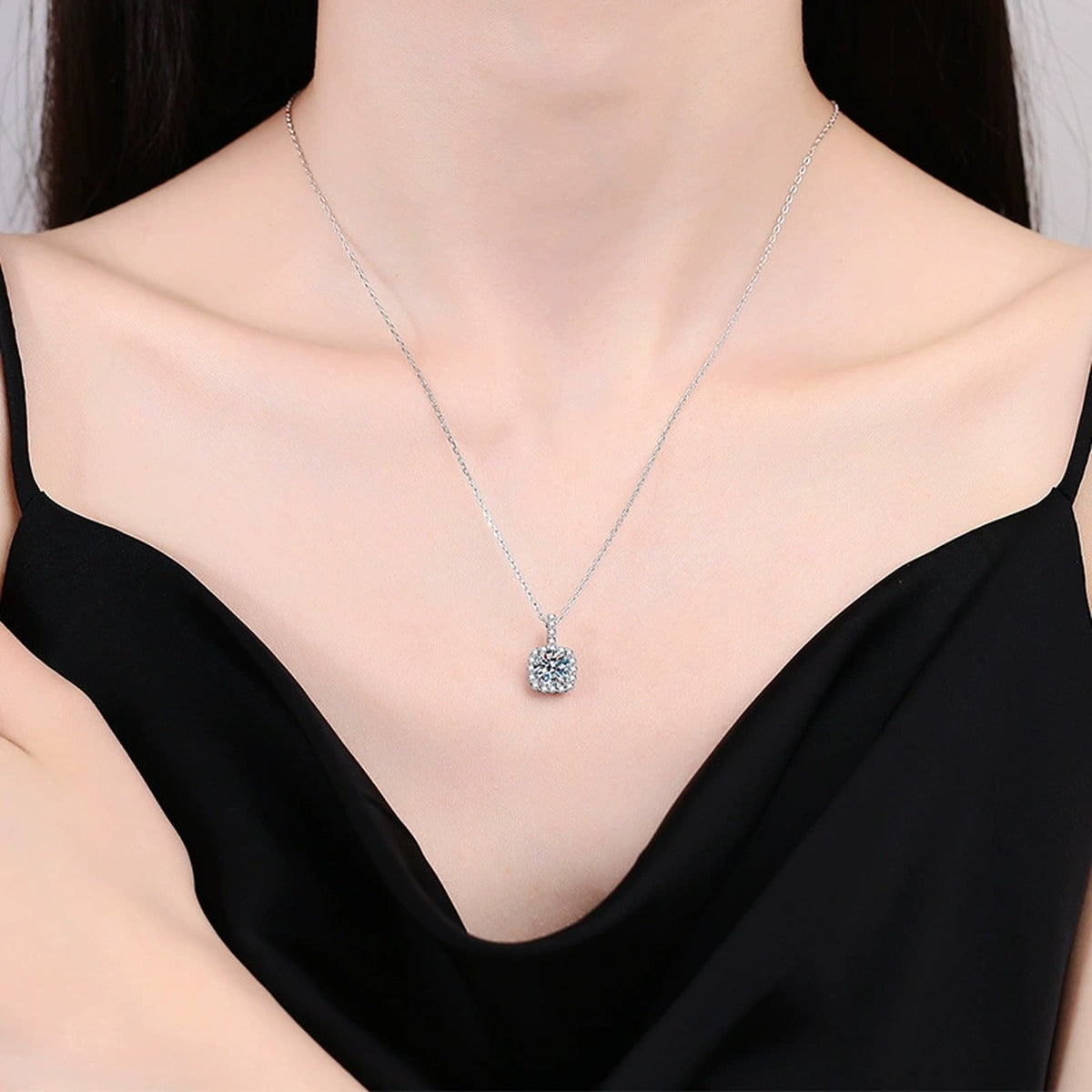 cushion halo moissanite pendant necklace model or lifestyle view