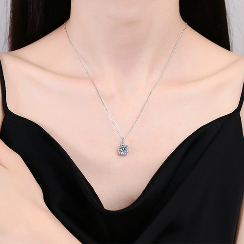 cushion halo moissanite pendant necklace model or lifestyle view