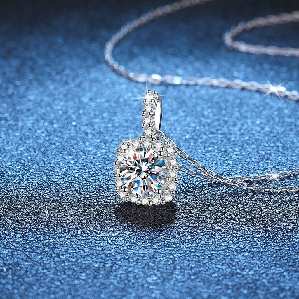cushion halo moissanite pendant necklace detail view