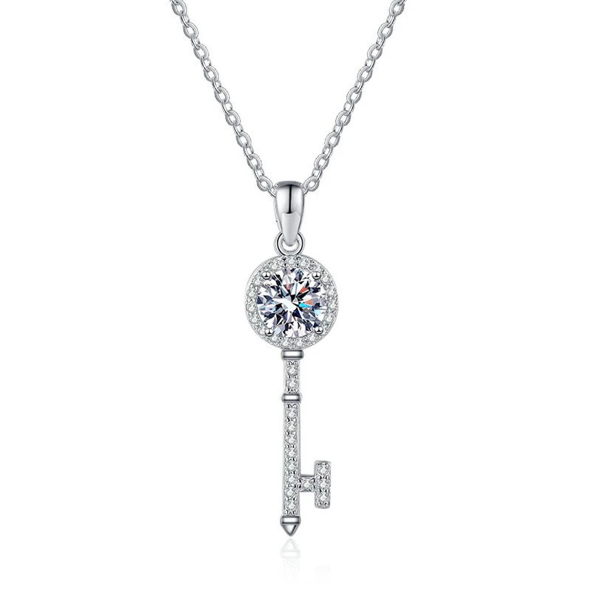 key round moissanite pendant necklace on white background product view