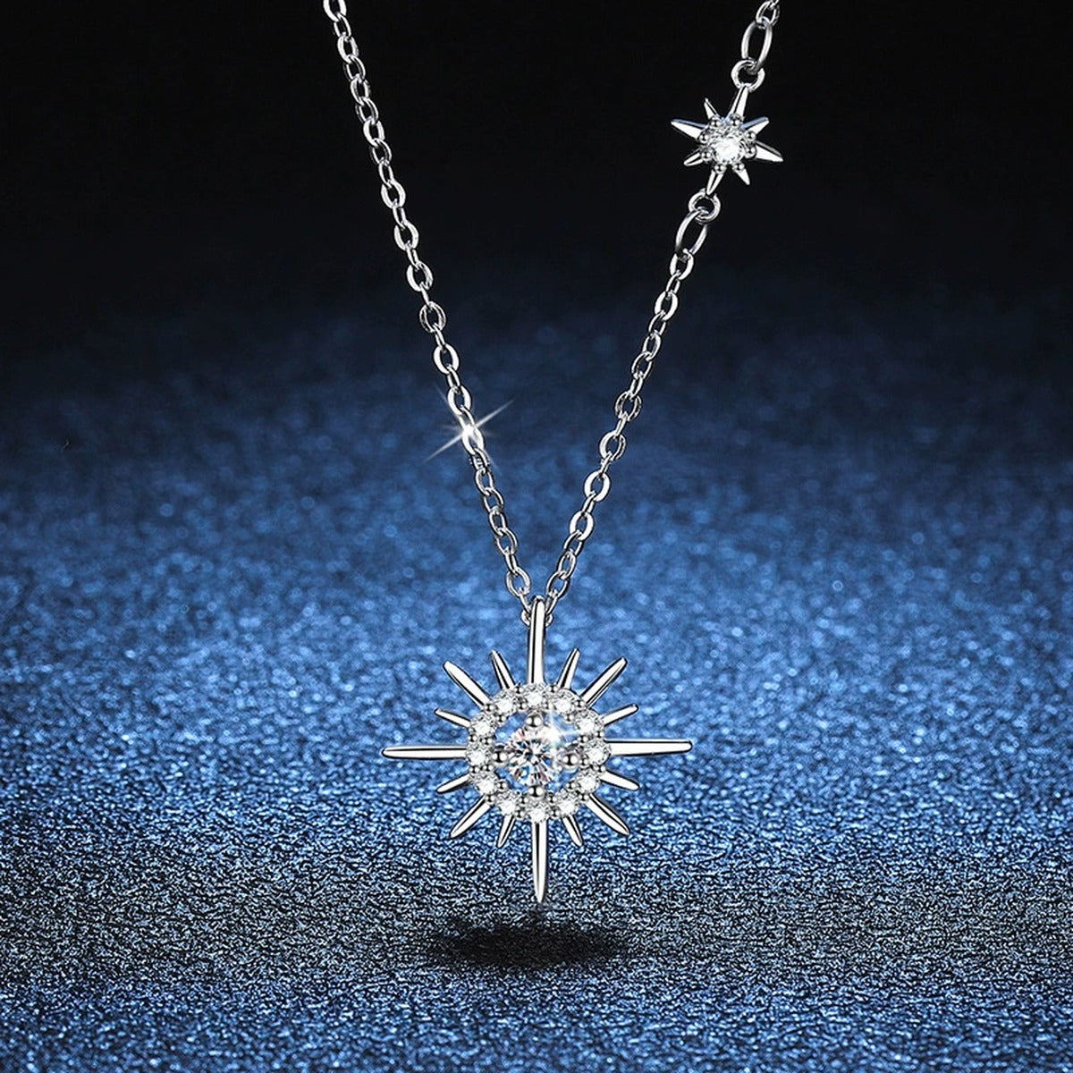 starburst moissanite station pendant necklace detail view
