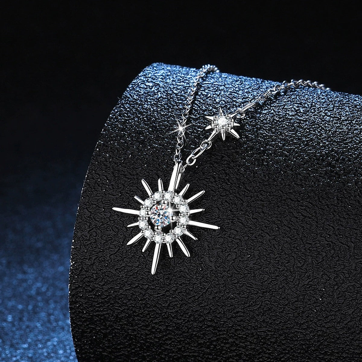 starburst moissanite station pendant necklace detail view