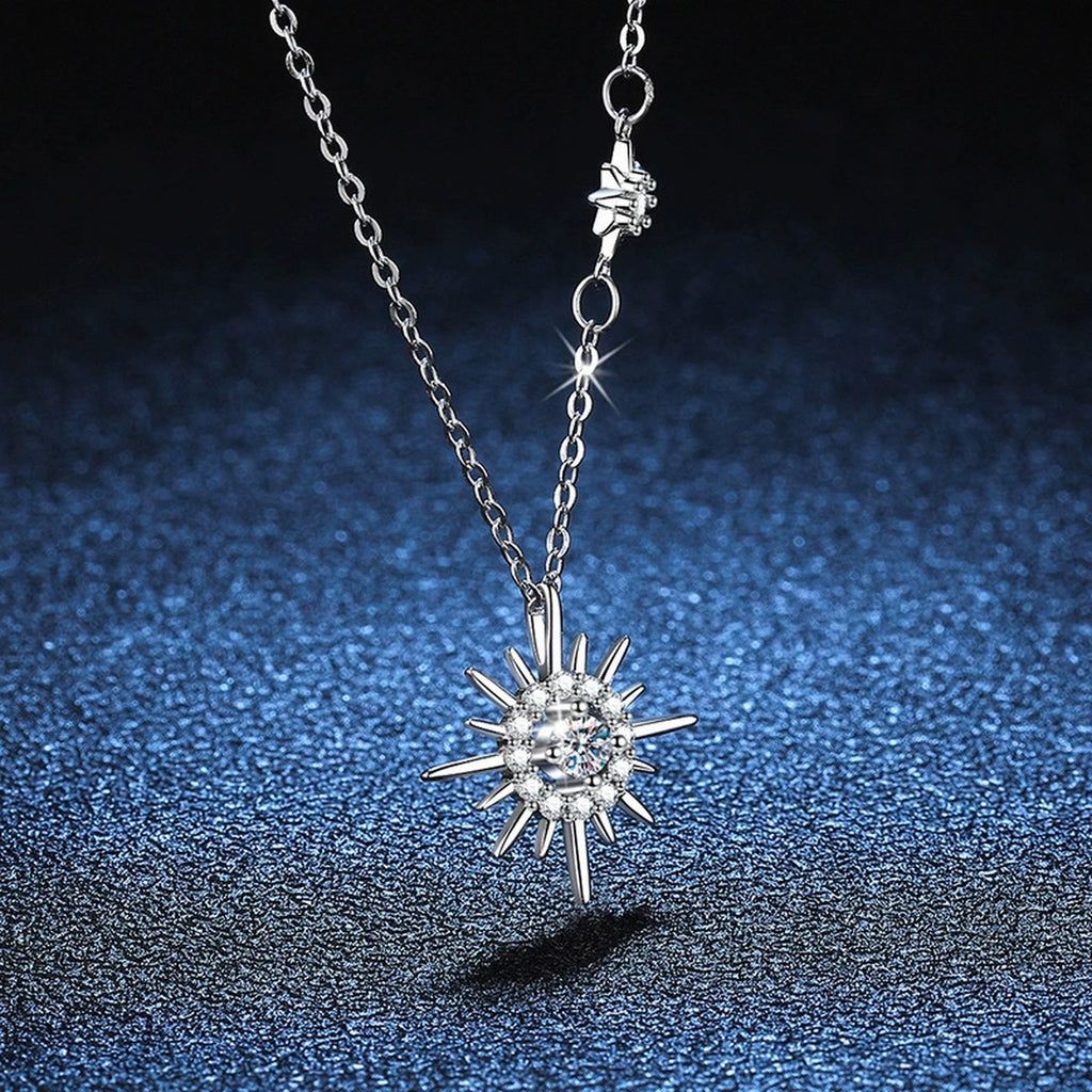 starburst moissanite station pendant necklace detail view