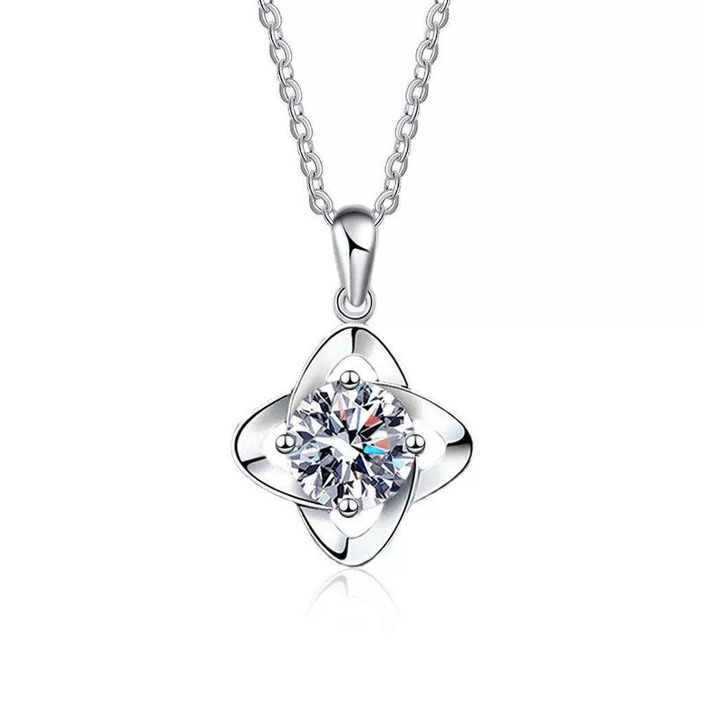 round moissanite solitaire pendant necklace in platinum-plated S925 sterling silver front view on white background