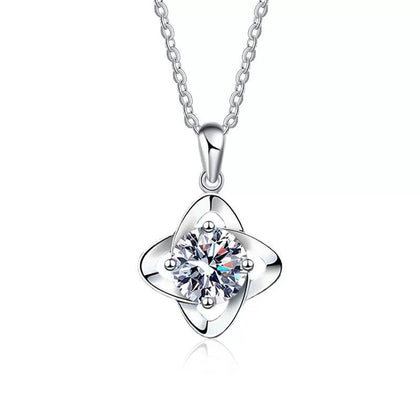 round moissanite solitaire pendant necklace in platinum-plated S925 sterling silver front view on white background